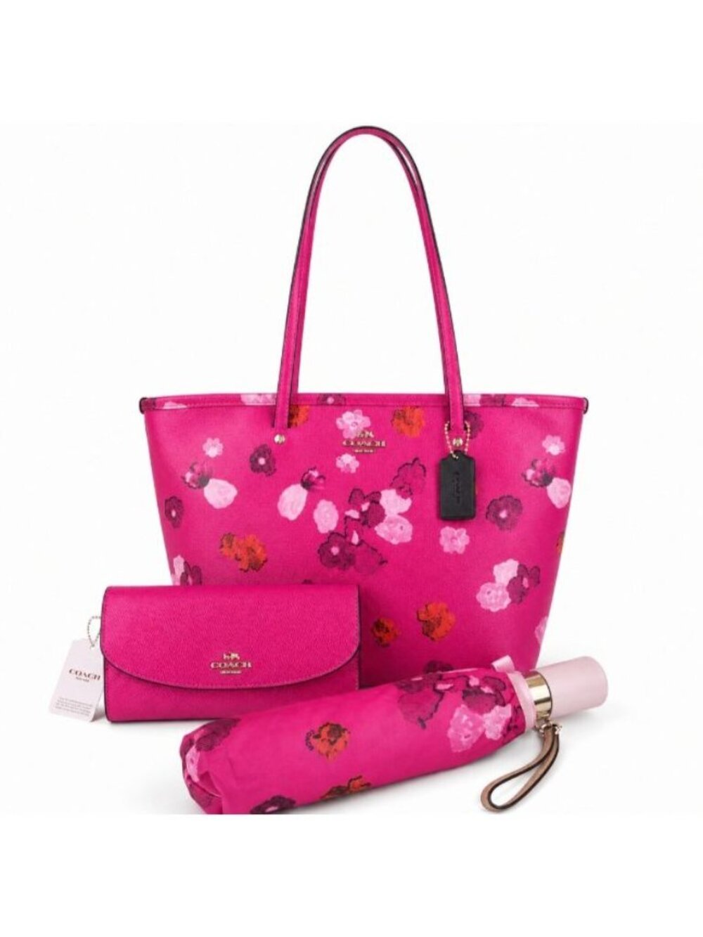 Coach Pink Floral Tote Wallet Umbrella 3-Piece Set NWT Rare Matching Set